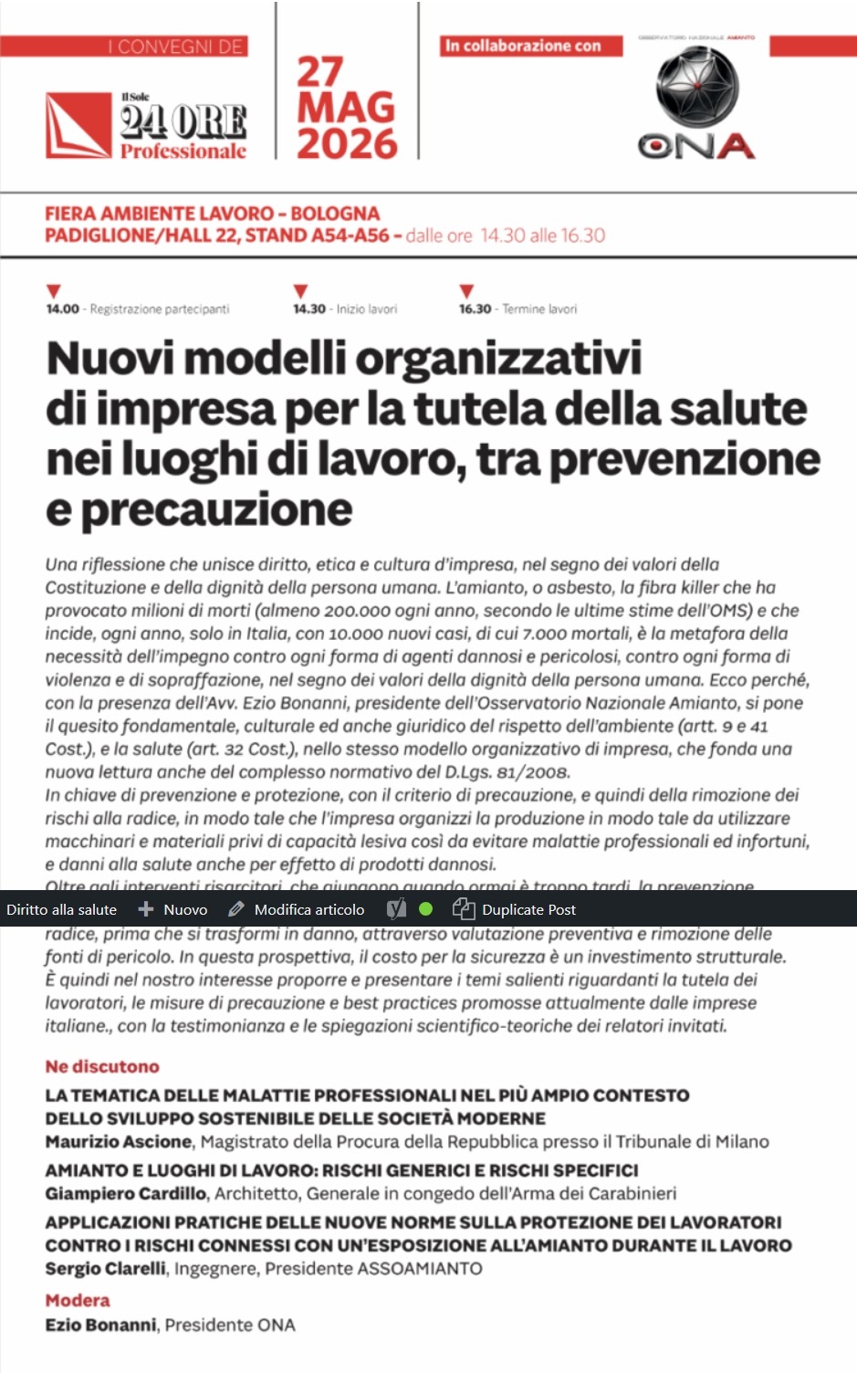 Bologna Fiere: ONA con il gruppo Sole 24 per la sicurezza sul lavoro